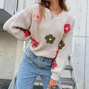 Beige Bohemian Retro Floral Knit Sweater